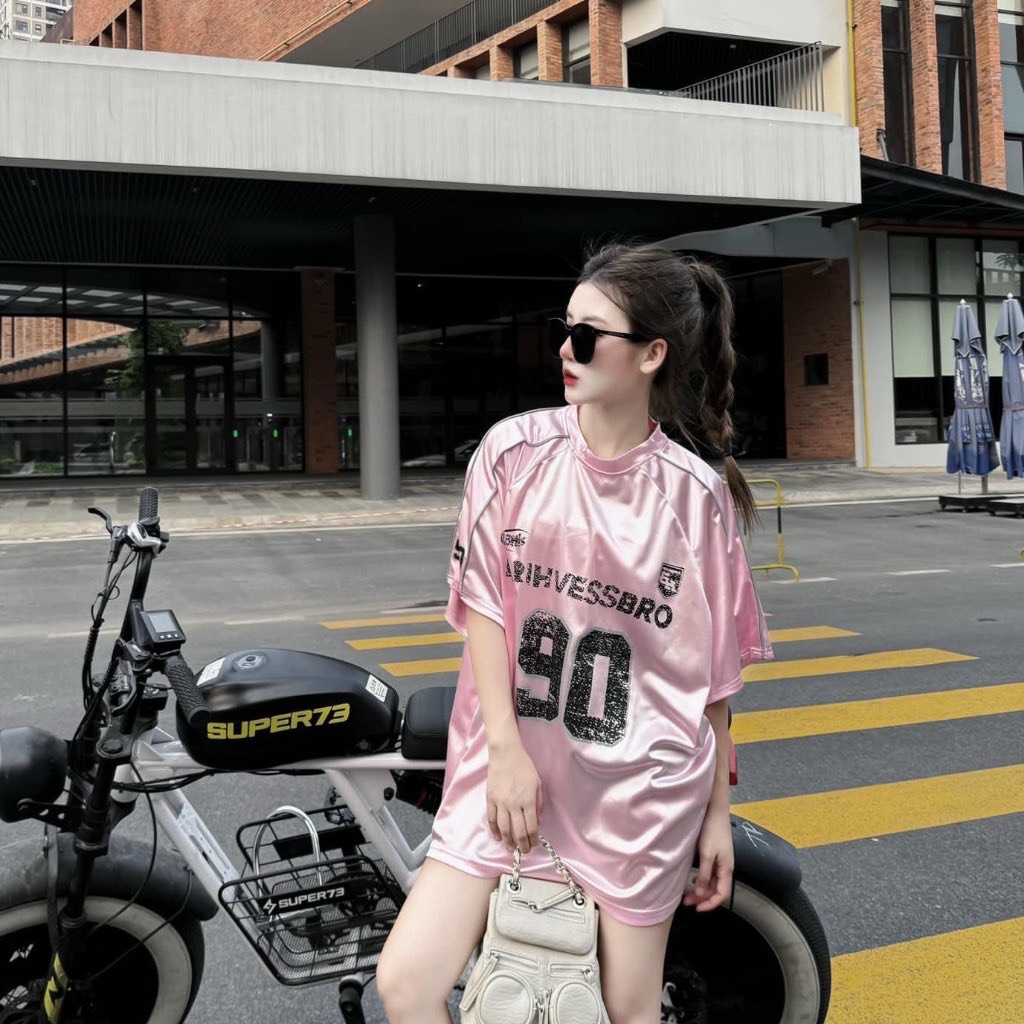 Áo phông nam nữ form rộng 2N Unisex thun thể thao số 90 màu hồng/xám