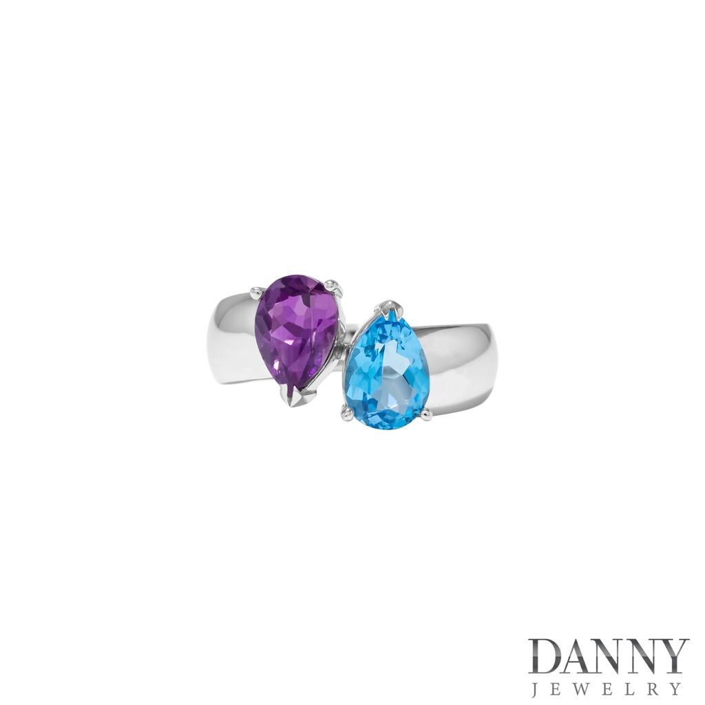 Nhẫn Nữ Danny Jewelry Bạc 925 Xi Rhodium Đính Đá Tourmaline & Amethyst Hình Giọt Nước SPLRA696A