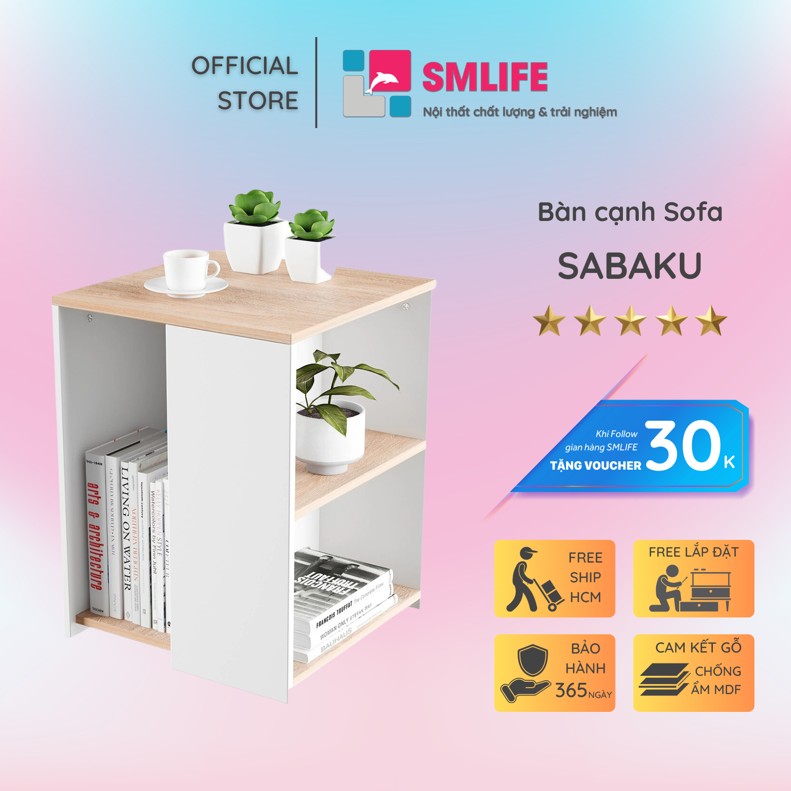 Bàn gỗ cạnh Sofa hiện đại SMLIFE Sabaku | Gỗ MDF dày 17mm chống ẩm | D40xR40xC50cm