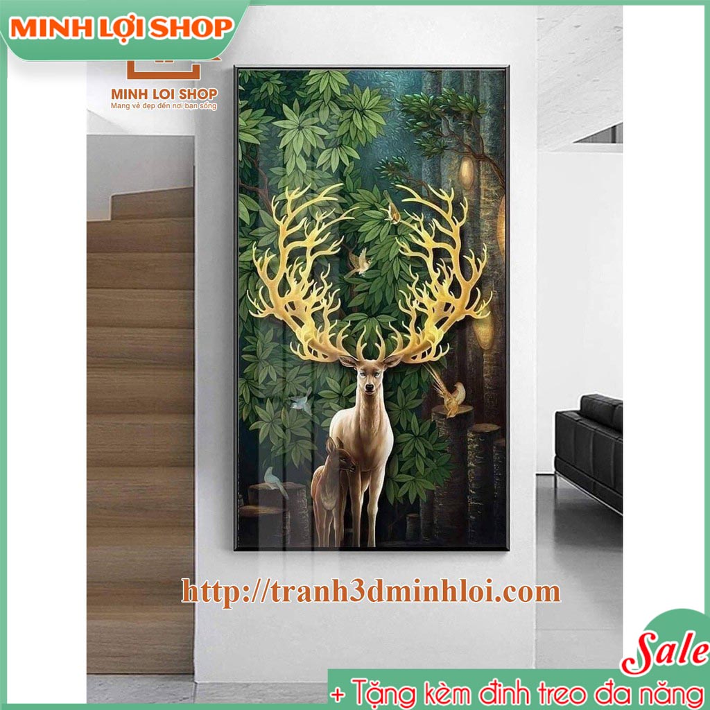 Tranh tráng gương cao cấp treo tường Hươu Tài Lộc trang trí phòng khách TẶNG KÈM ĐINH TREO