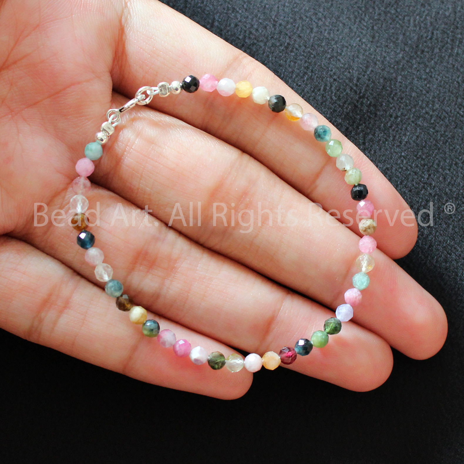 Lắc Tay 3MM Đá Tourmaline Đa Sắc Tự Nhiên Giác Cắt Và Bạc 925, Mọi Cung Mệnh, Vòng Tay Phong Thuỷ, Chuỗi Hạt - Bead Art