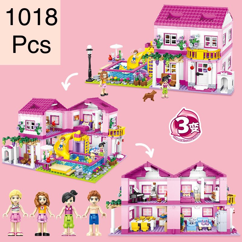 Đồ chơi xếp hình lắp ghép biệt thự 3D kết hợp công viên cầu trượt ngoài trời với 1018Pcs