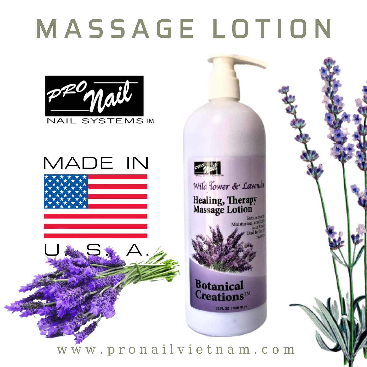 Dưỡng thể Pronail Botanical Creations Healing Therapy Massage Lotion mùi Oải Hương 946ml