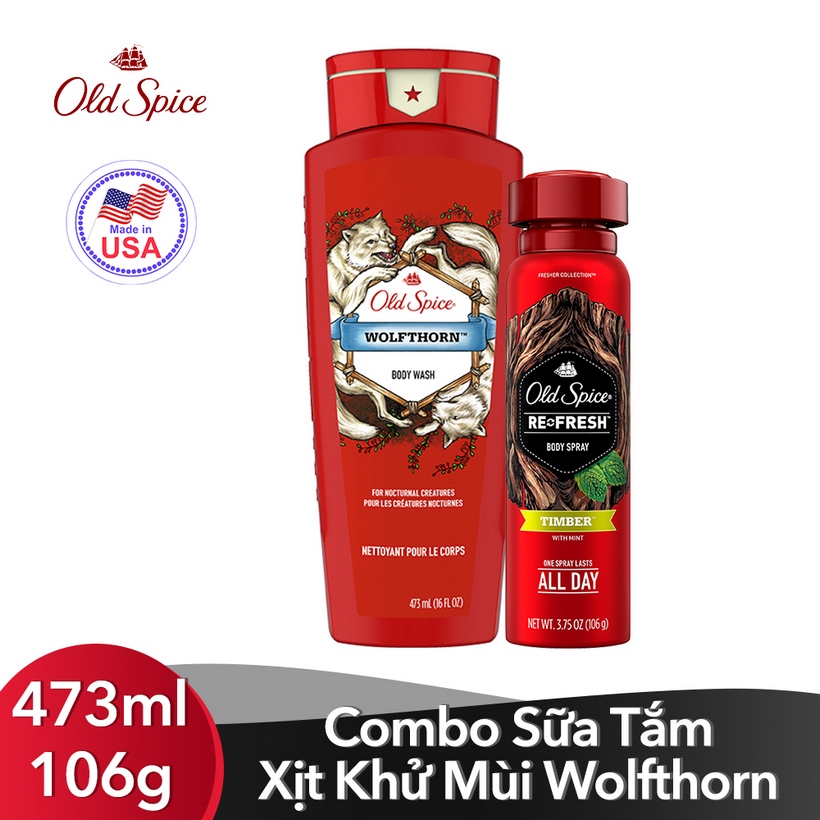 Combo Sữa Tắm+ Xịt Khử Mùi Old Spice Wolfthorn (Body Wash 473ml+  Body spray - 106g)