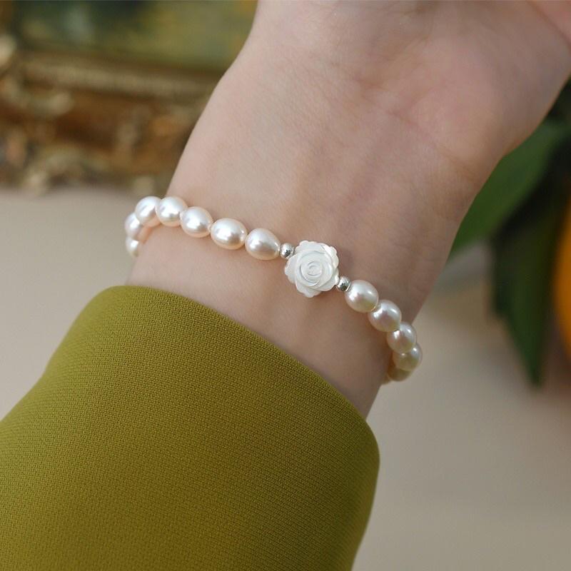 Vòng Tay, Lắc Tay Hạt Ngọc Trai Thật Nước Ngọt Bạc 6ly Mix Charm Hoa Hồng - Trường Thịnh Ngọc Trai