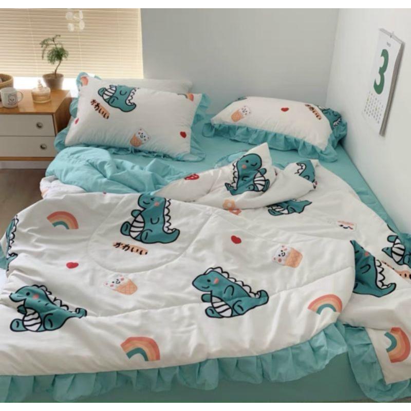 Bộ Chăn Vỏ Ga Gối Cotton Đũi phối bèo Chăn Hè