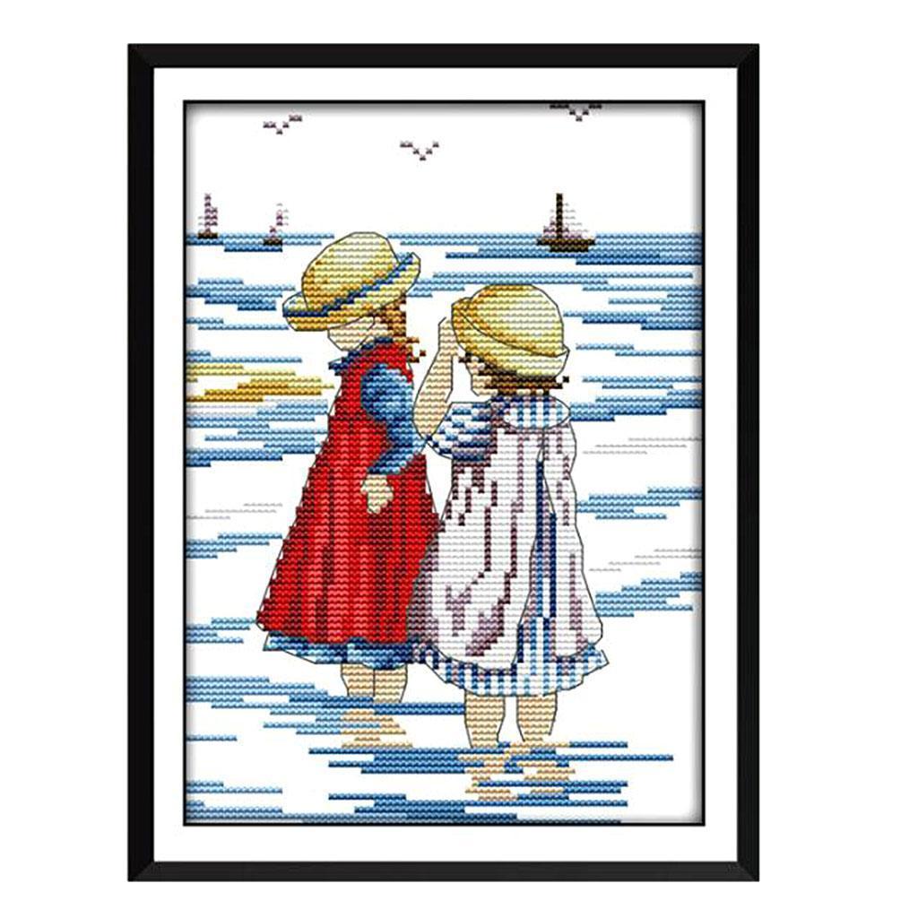 Stamped Cross Stitch Kit "Sisters on Beach" Patterns For Beginners 14CT