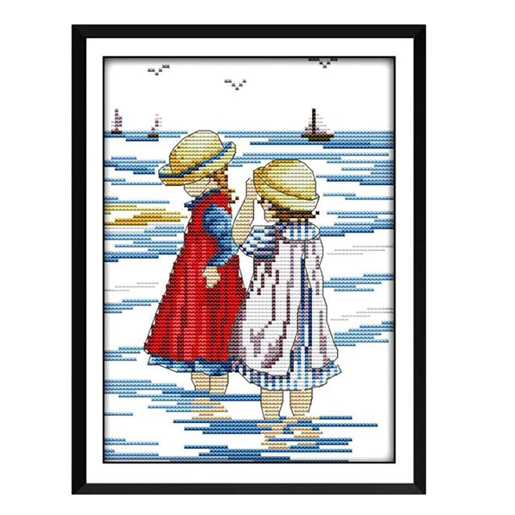 Sisters on Beach Stamped  stitch Pre-Printed Pattern Embroidery  Fashion Crafts Hauskunst Decoration