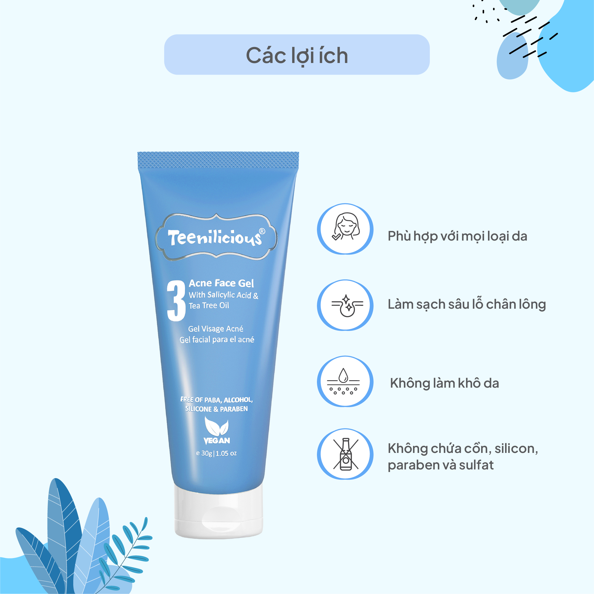 Gel Hỗ Trợ Trị Mụn, Giảm Mụn Dành Cho Da Dầu Mụn &amp; Da Nhạy Cảm Teenilicious Acne Face Gel - Tuýp 30g