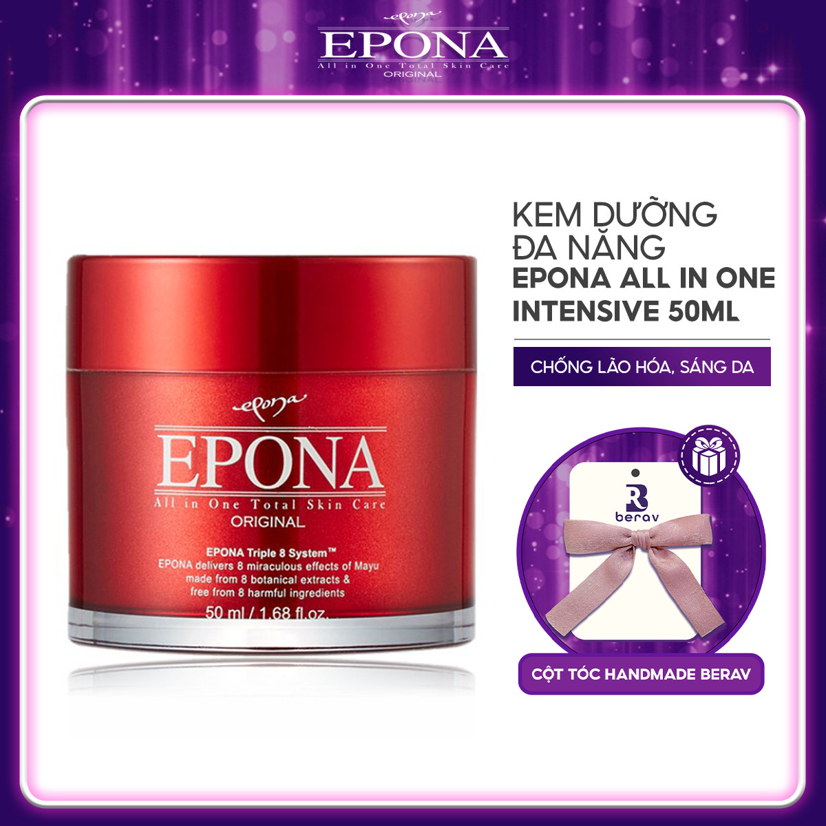 [Đỏ] Kem Dưỡng Da Đa Năng Chống Lão Hóa, Dưỡng Sáng Da Dầu Ngựa Epona All In One Total Skin Care Intensive 50ml - Tặng Kèm Cột Tóc Nơ BERAV Handmade Annie Ribbon Giao Màu Ngẫu Nhiên