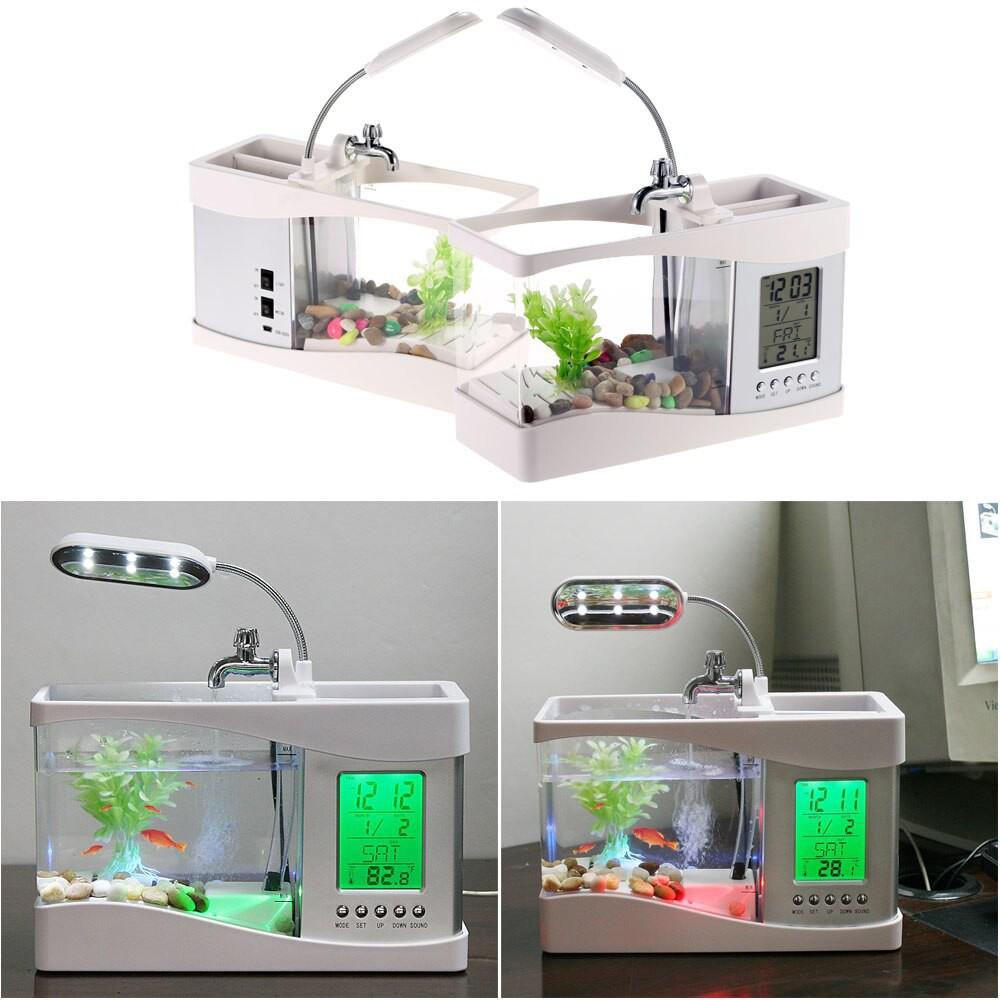 Bể cá cảnh mini để bàn, kiêm đồng hồ báo thức, đèn led tiện dụng
