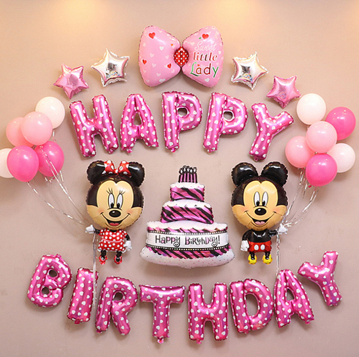 Sét bong bóng trang trí sinh nhật happy birthday chuột mickey - Bộ trang trí sinh nhật thôi nôi, đầy tháng cho bé