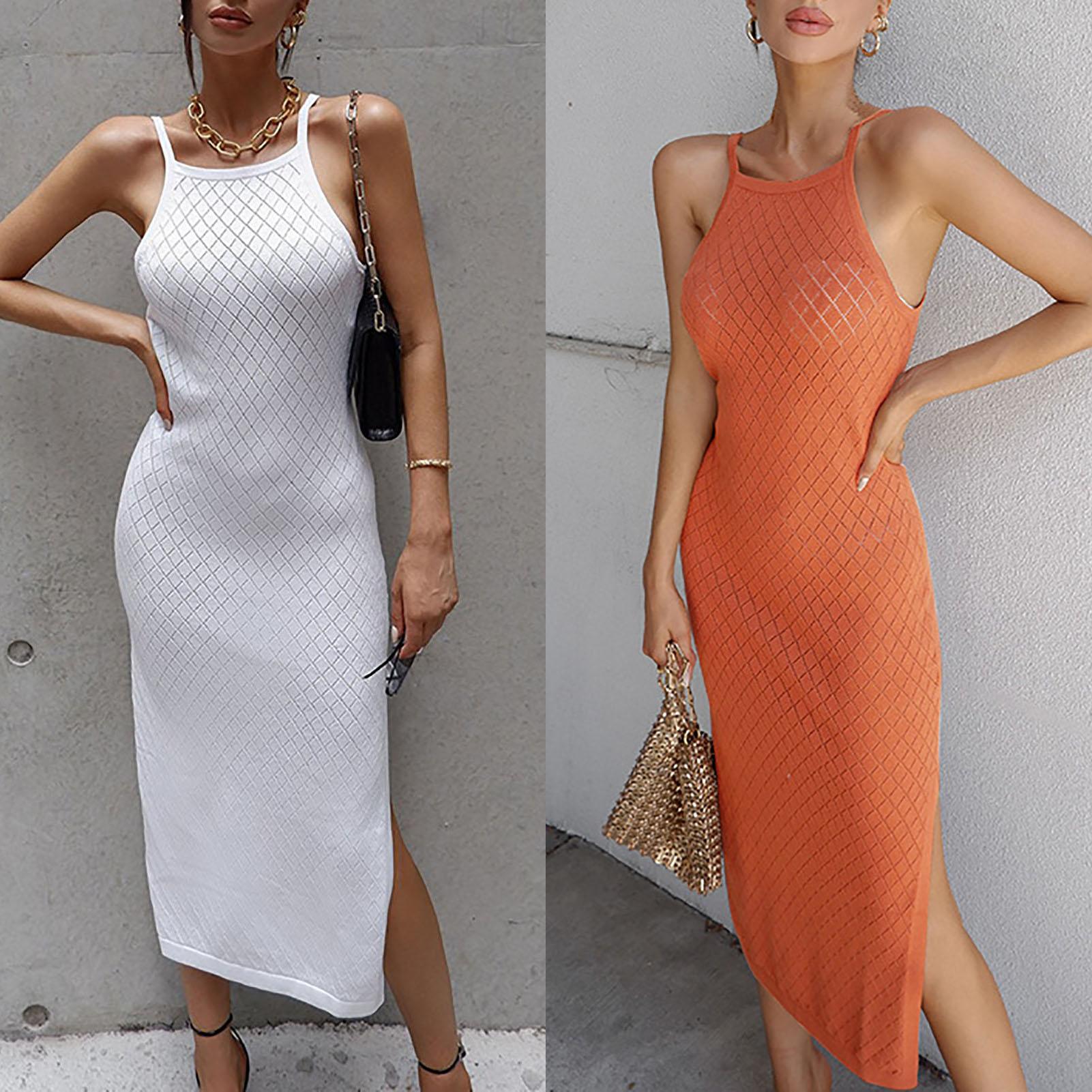 Sexy Women Solid Color Dress Strap Sleeveless High Waist Split Hem Party Nightclub Dress