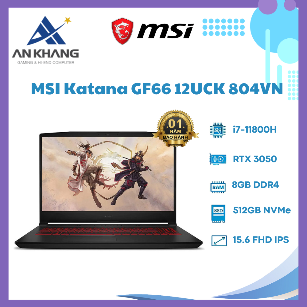 Laptop MSI Katana GF66 12UCK-804VN (Core i7-12650H | 8GB | 512GB | RTX3050 4GB | 15.6 inch FHD 144Hz | Win 11 | Đen) - Hàng Chính Hãng - Bảo Hành 12 Tháng