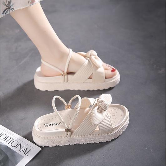 Lùi 1 sz Dép Sandal Đế Bằng Cao 4Cm Đính Nơ Da Lộn Đeo Được 2 Kiểu G146