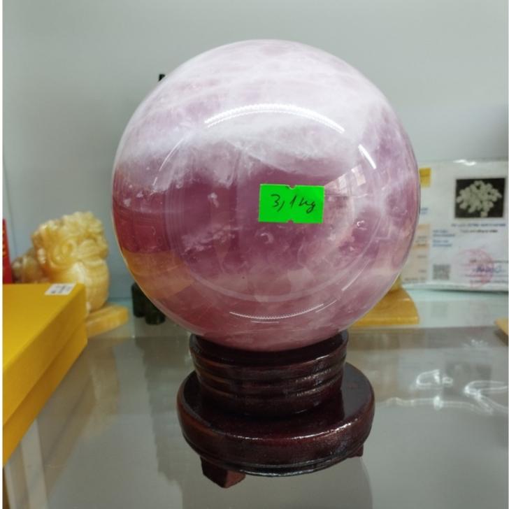Quả Cầu, Bi Cầu Phong Thuỷ Đá Thach Anh Hồng Có Tặng Kèm Đế - Khối lượng 3.1 kg