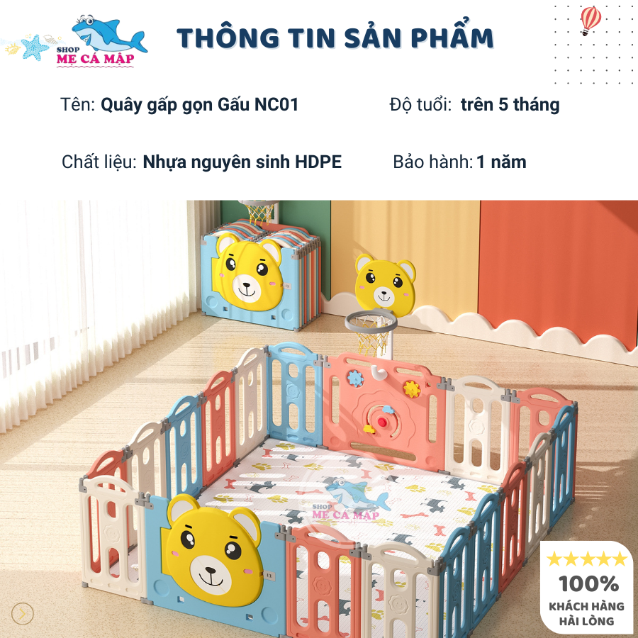 Quây Gấp Gọn Pakey Gấu NC01 Dày Dặn TẶNG BÓNG+THẢM+SET BÓNG RỔ+NÉM VÒNG, Quây Cho Bé Màu Sắc Sang Trọng