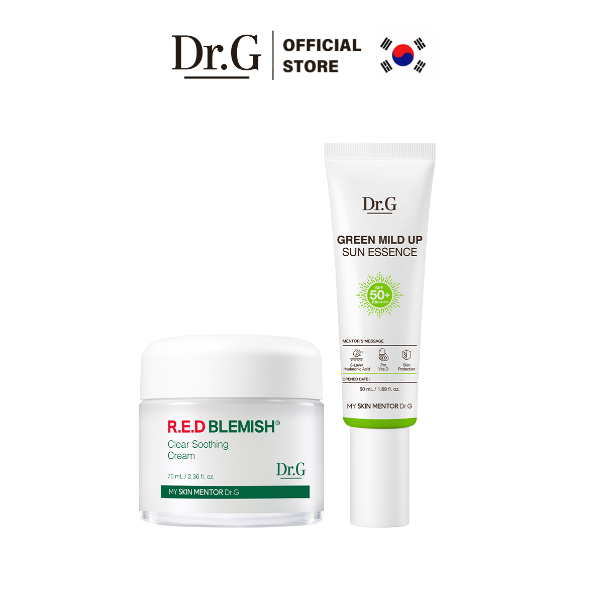 Combo Dr.G Kem Dưỡng R.E.D Blemish Clear Soothing Cream 70ml và Dr.G  Kem chống nắng Green Mild Up Sun Essence 50ml