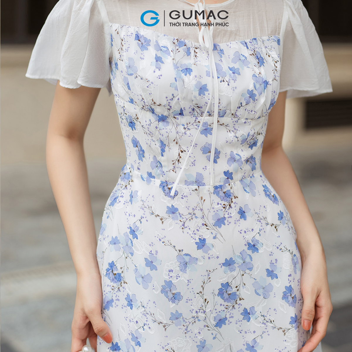 Đầm hoa phối vải tơ GUMAC DD05038