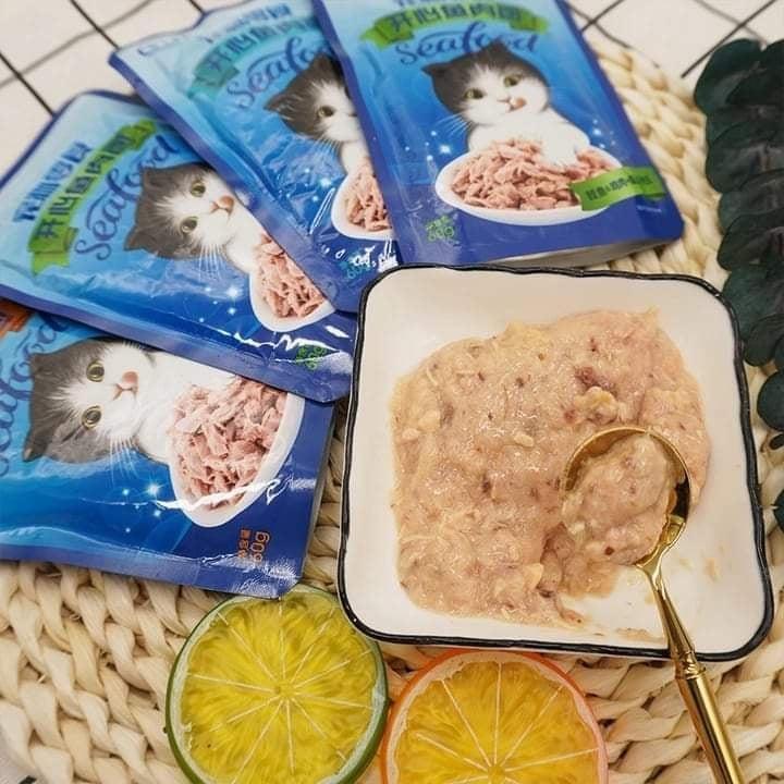 Pate cho mèo SEAFOOD đủ vị, Pate SEAFOOD cho mèo túi 60gr bổ dưỡng