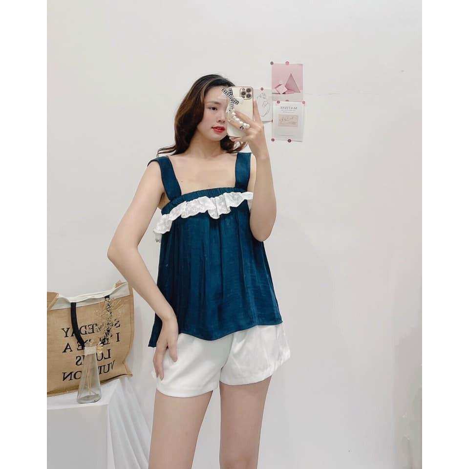 SET 2 DÂY XANH REN+QUẦN ĐÙI TRẮNG-hình thật shop chụp