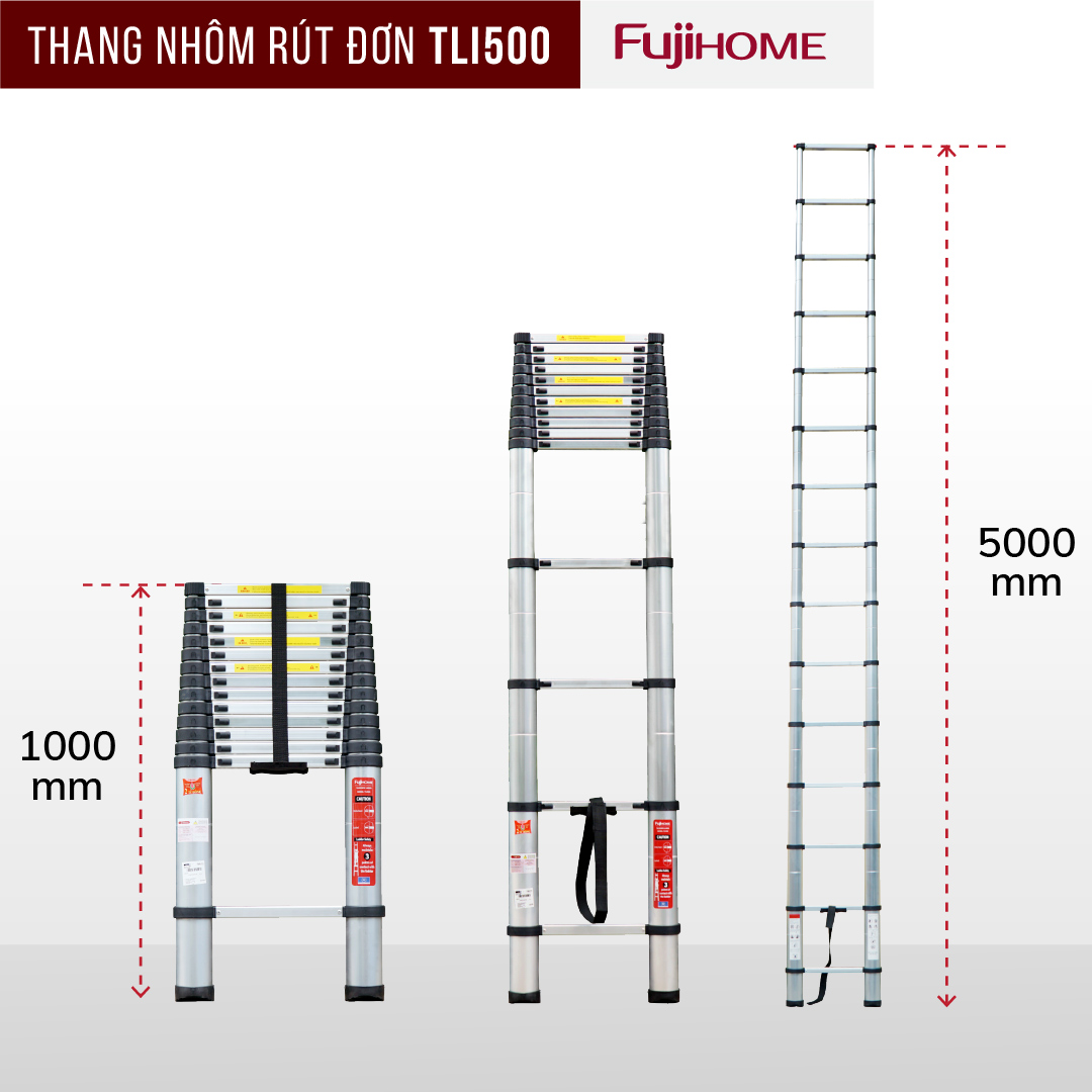 Thang nhôm rút gọn đơn FUJIHOME TLI500 ( Chiều cao tối đa 5m, rút gọn 1m, đế cao su chống trượt ) hàng chính hãng