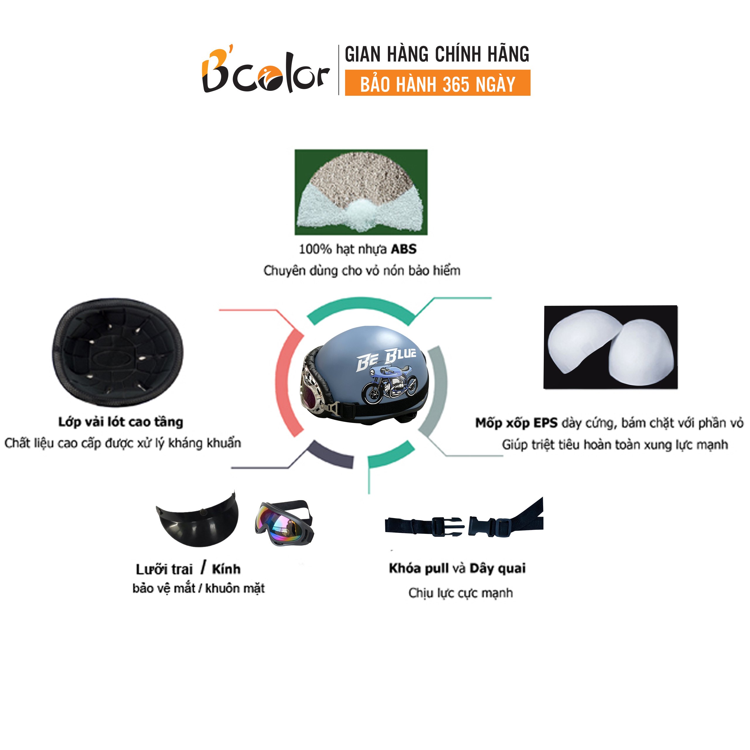 Mũ Bảo Hiểm Nửa Đầu B'color Màu Đỏ Có Kính Chắn Gió, An Toàn, Thời Trang