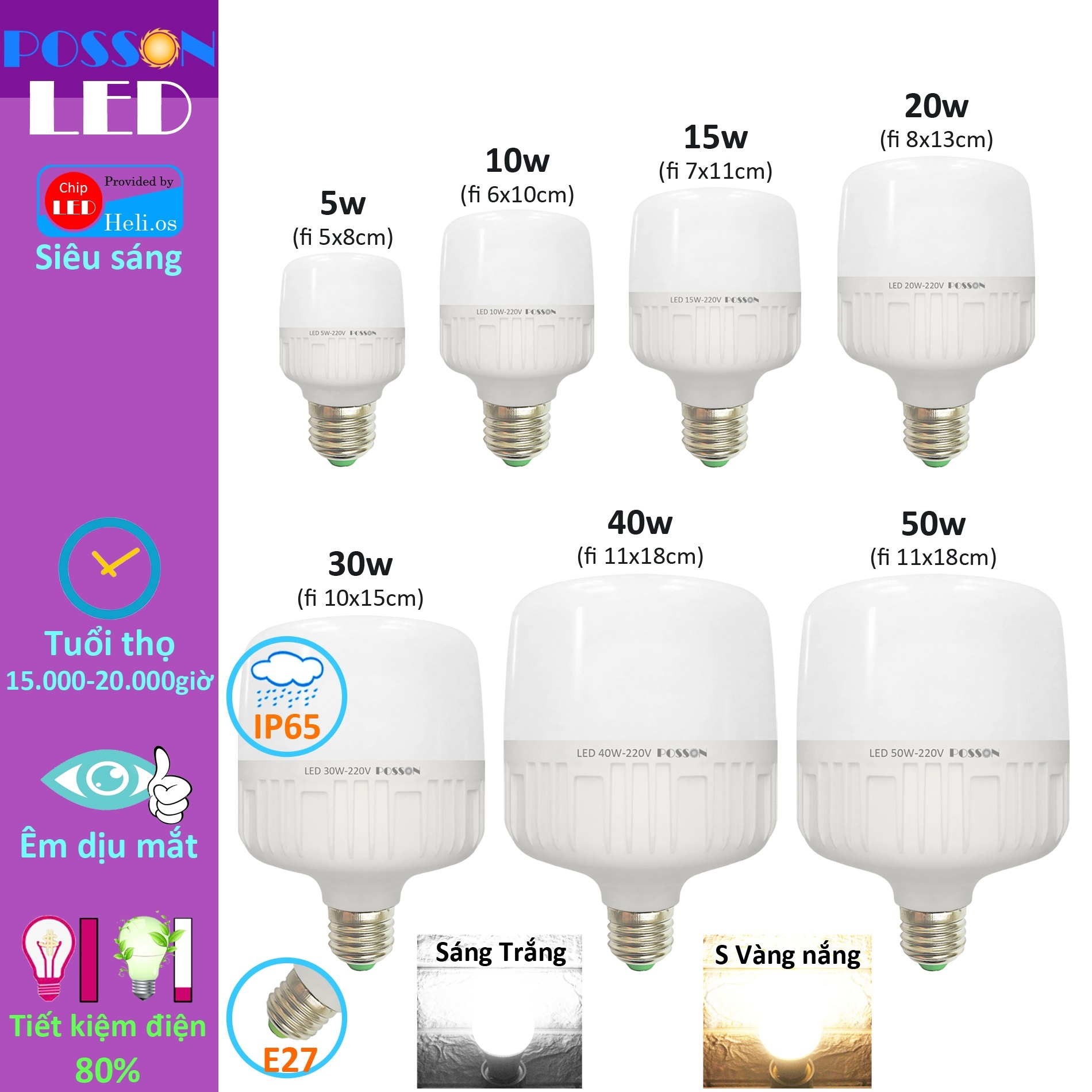 Bóng Đèn Led Trụ 5W 10W 15W 20W 30W 40W 50W Bup Trụ Bulb Siêu Sáng Tiết Kiệm Điện Kín Chống Nước Posson Lc - 5 - 50X - 20W Sáng Trắng