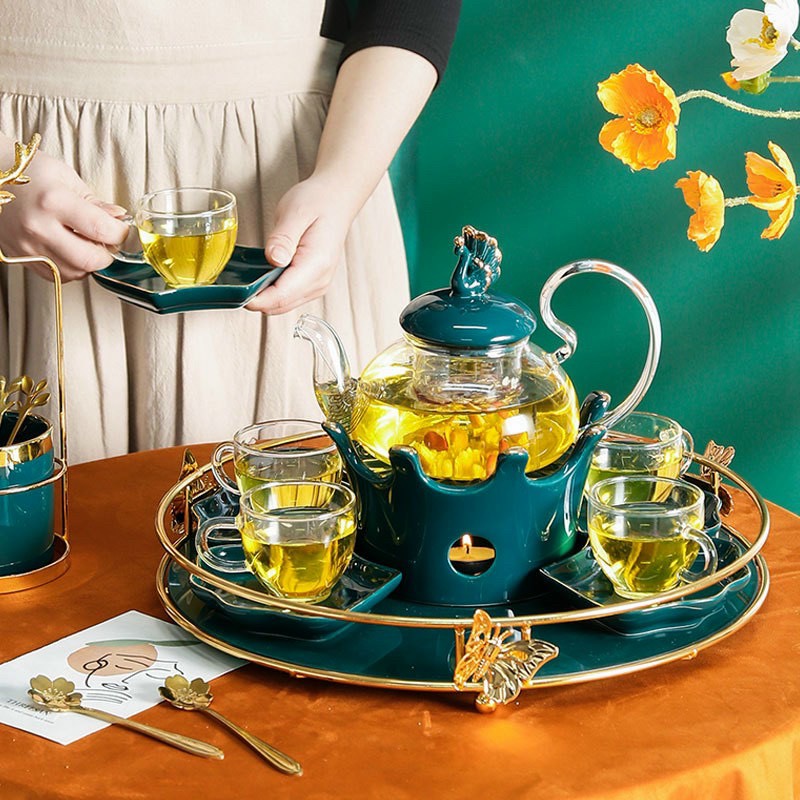 BỘ ẤM CHÉN PHA TRÀ HOA CÚC KÈM KHAY HỢP KIM MẠ VÀNG HÌNH TRÒN
