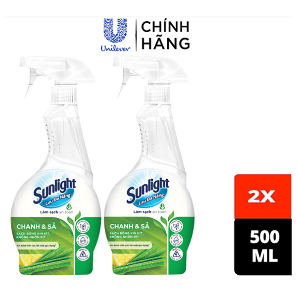 Combo 2 Nước lau đa năng Sunlight Chanh &amp; Sả | Phiên bản nâng cấp từ Cif | Sạch bóng kin kít, không nhờn rít | Chai 500ml