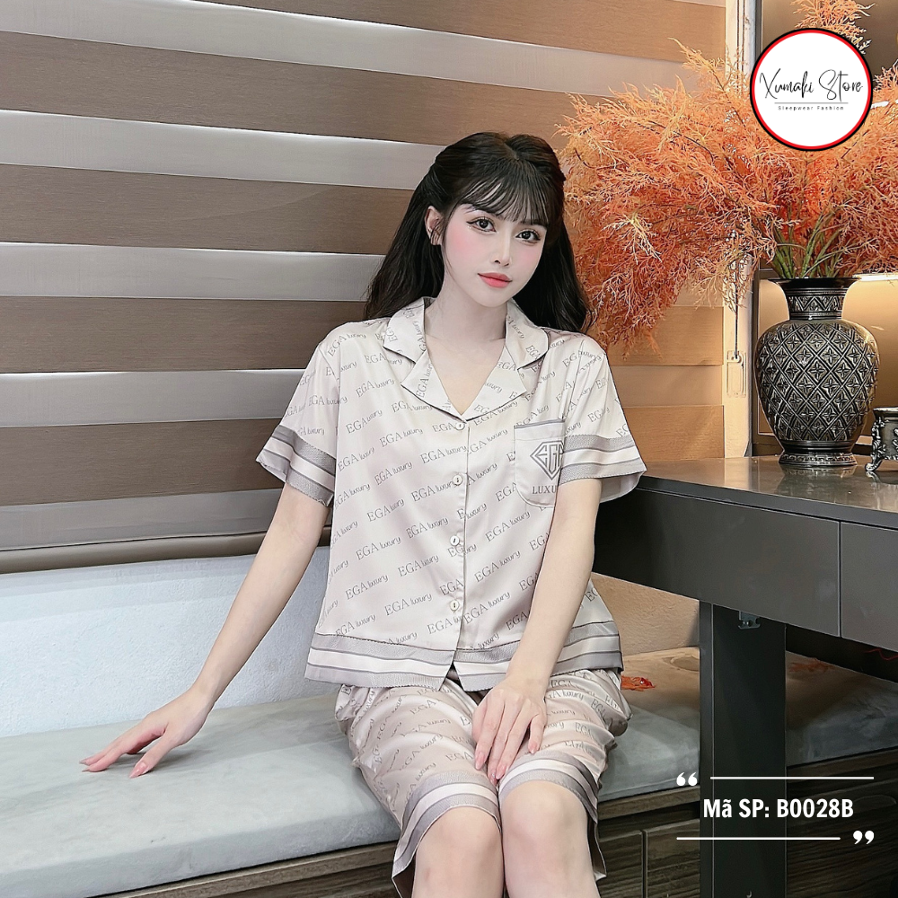 Bộ pyjama nữ áo cộc quần ngố họa tiết chữ chất lụa cao cấp nhiều màu Xumaki Store BO028B