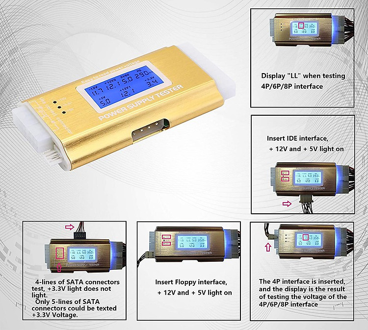 Bộ Test Nguồn Máy Tính ATX Chân Cắm 20 + 24 Pin Màn Hình Hiển Thị LCD Có Cảnh Báo Bằng Âm Thanh