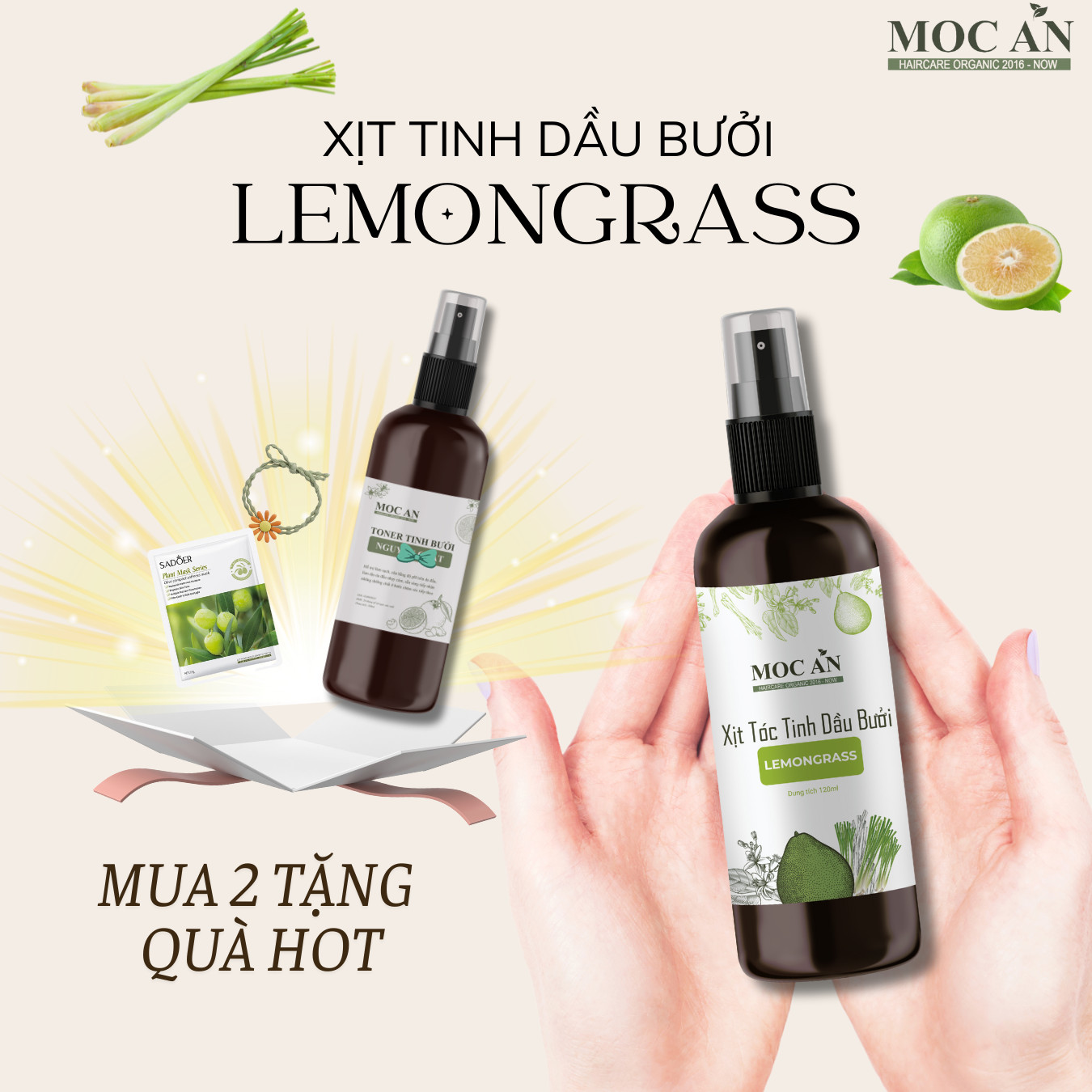 Xịt Kích Mọc Tóc Tinh Dầu Bưởi Sả Chanh ( Lemongrass ) 120ml Mộc Ân Haircare hỗ trợ giảm rụng, bồng bềnh chân tóc