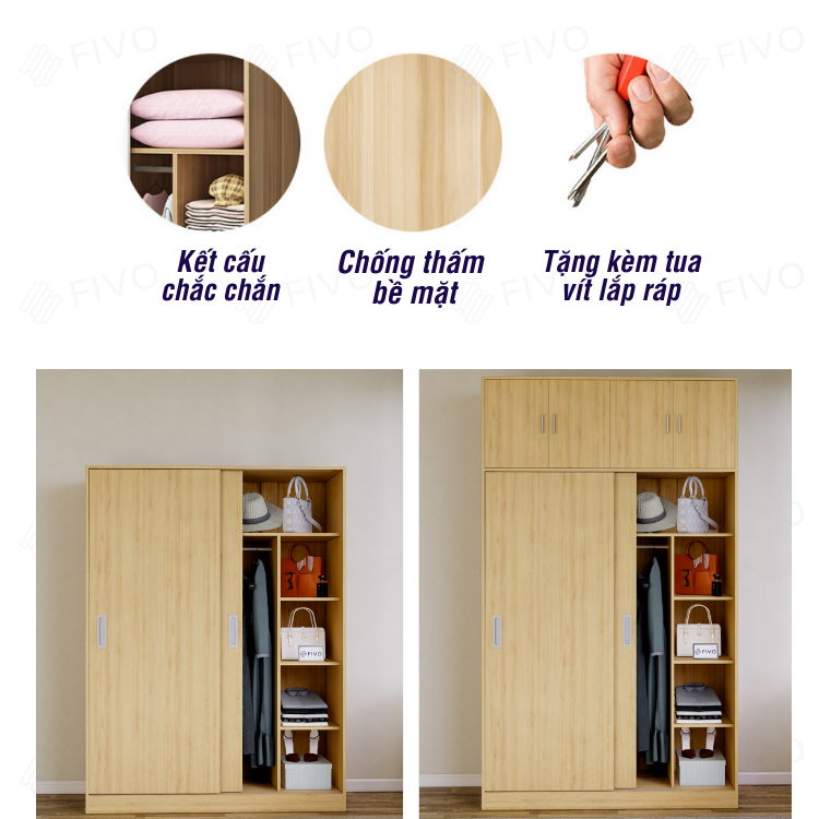 Tủ Treo Quần Áo Cửa Lùa Gỗ MDF Chống Ẩm Cao Cấp FC31 FIVO, Nhiều Ngăn Đựng Đồ, Không Gian Hộc Tủ Trên Rộng Rãi