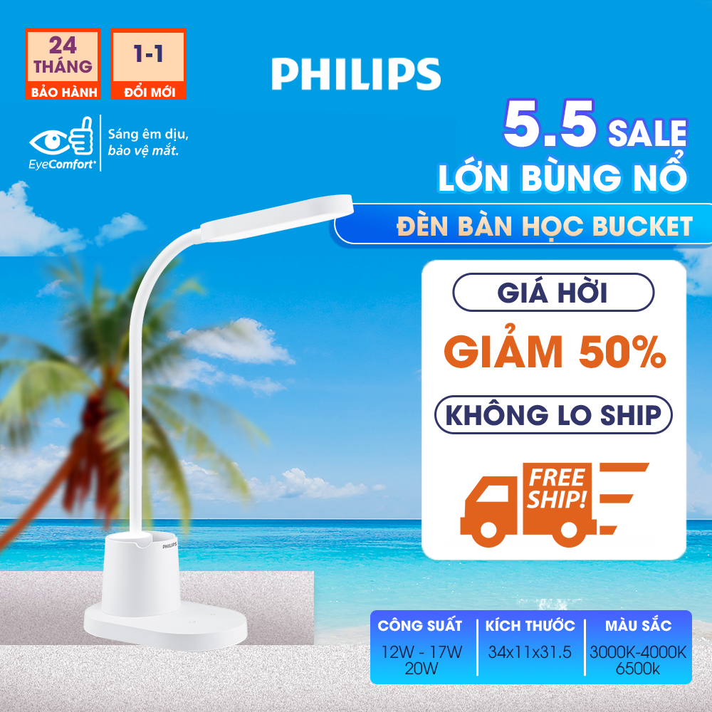 Đèn bàn Philips bảo vệ mắt Bucket DSK214 7W - Điều chỉnh độ sáng, êm dịu cho đôi mắt khỏe đẹp