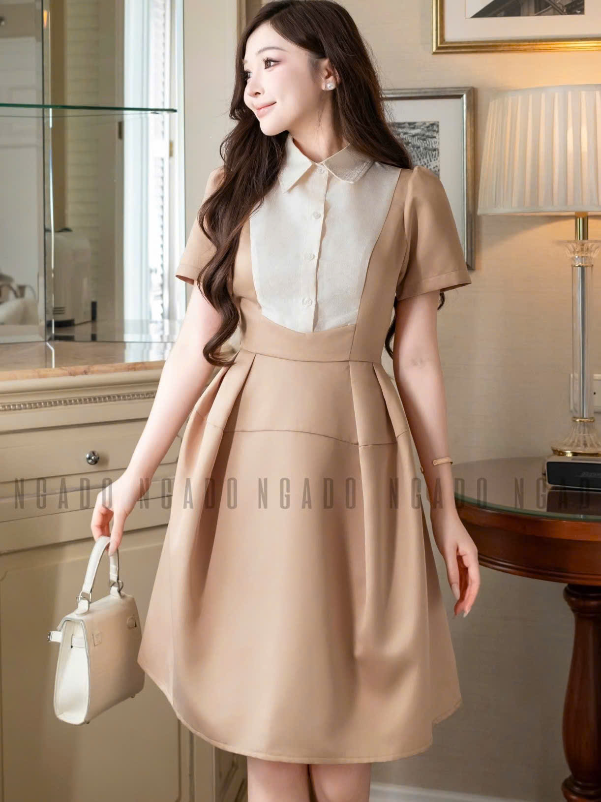 Đầm nâu cổ phối trắng NGADO , đầm dạo phố , đầm công sở