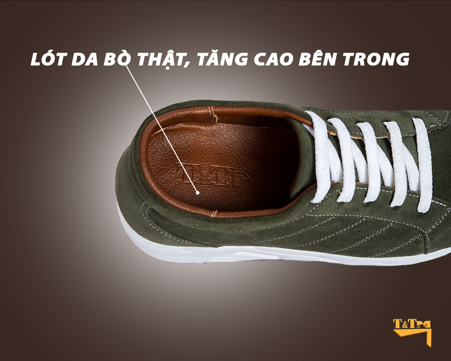 Giày Tăng Chiều Cao Nam Siêu Nhẹ T&TRA Tăng Cao 8Cm- T19 Xanh Rêu- Chất Liệu Da Bò Cao Cấp, Đế và Lót Tăng Cao Chất Liệu EVA Siêu Nhẹ, Trọng Lượng Nhẹ Hơn 30% So Với Đế Cao Su