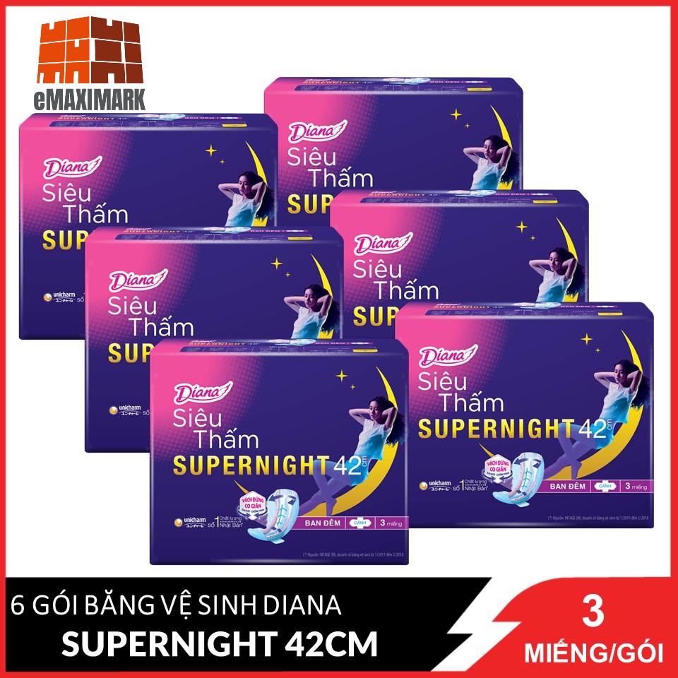 Combo 6 Băng vệ sinh Diana Siêu thấm Supernight 42cm 3 miếng/gói x6