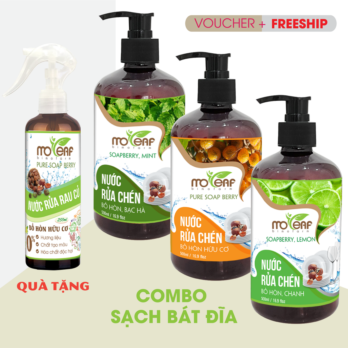 BỒ HÒN Nha Đam, Bạc Hà, Chanh 500ml Moleaf - Lên Men Tự Nhiên Từ Bồ Hòn và Dứa, An Toàn Cho Da Tay, Diệt Khuẩn