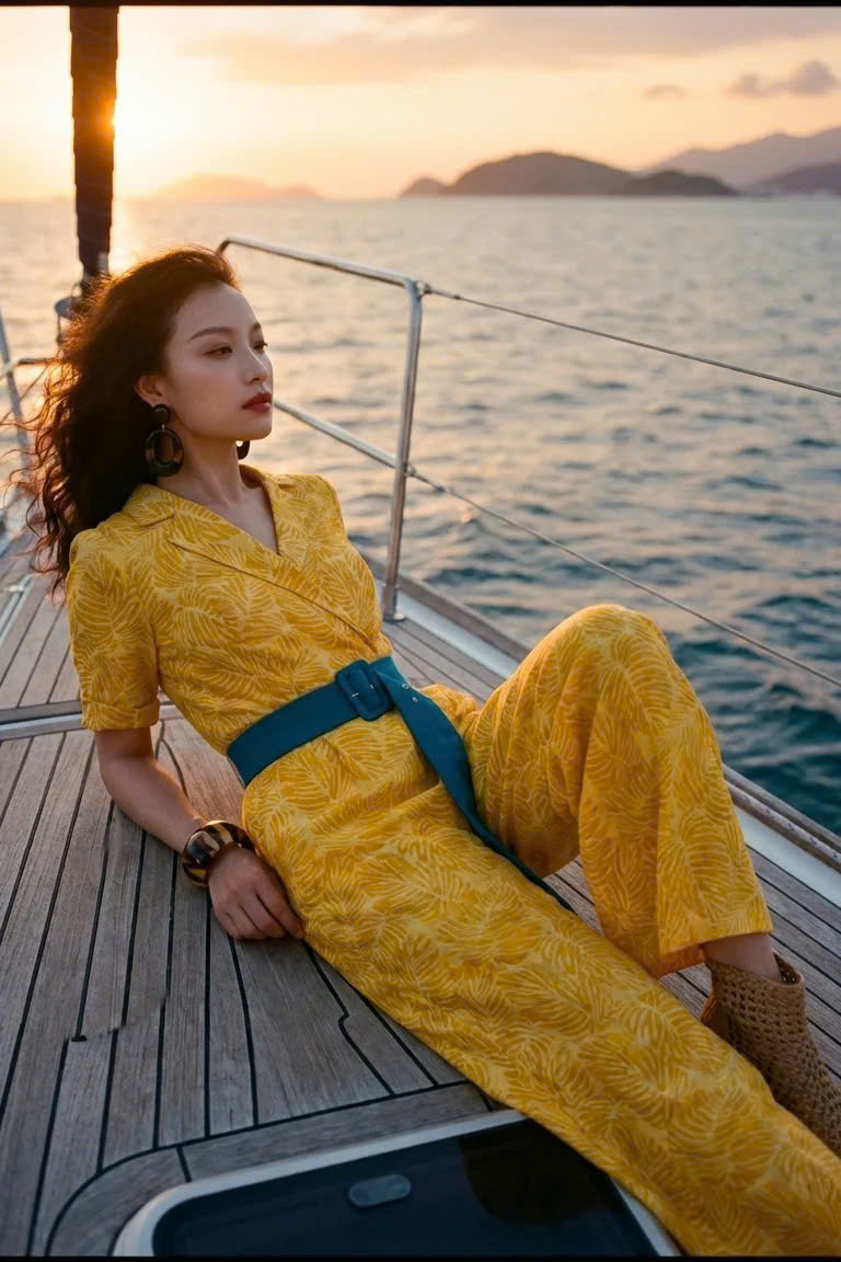 Đồ Bay Jumpsuits Linen Vàng Họa Tiết Lá Kim Diệp DRE239 thời trang thiết kế Hity