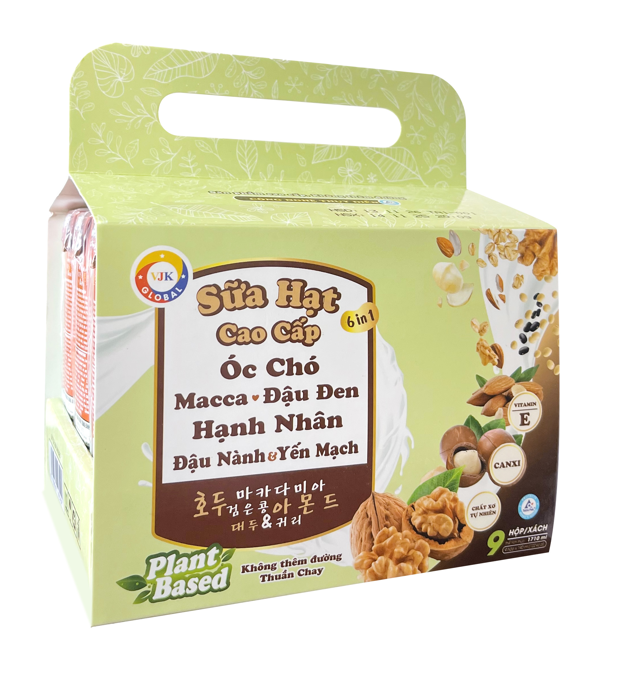 Sữa hạt cao cấp Óc chó - Macca - Đậu Đen - Hạnh Nhân - Đậu Nành &amp; Yến Mạch không thêm đường 190ml (9hộp/xách)