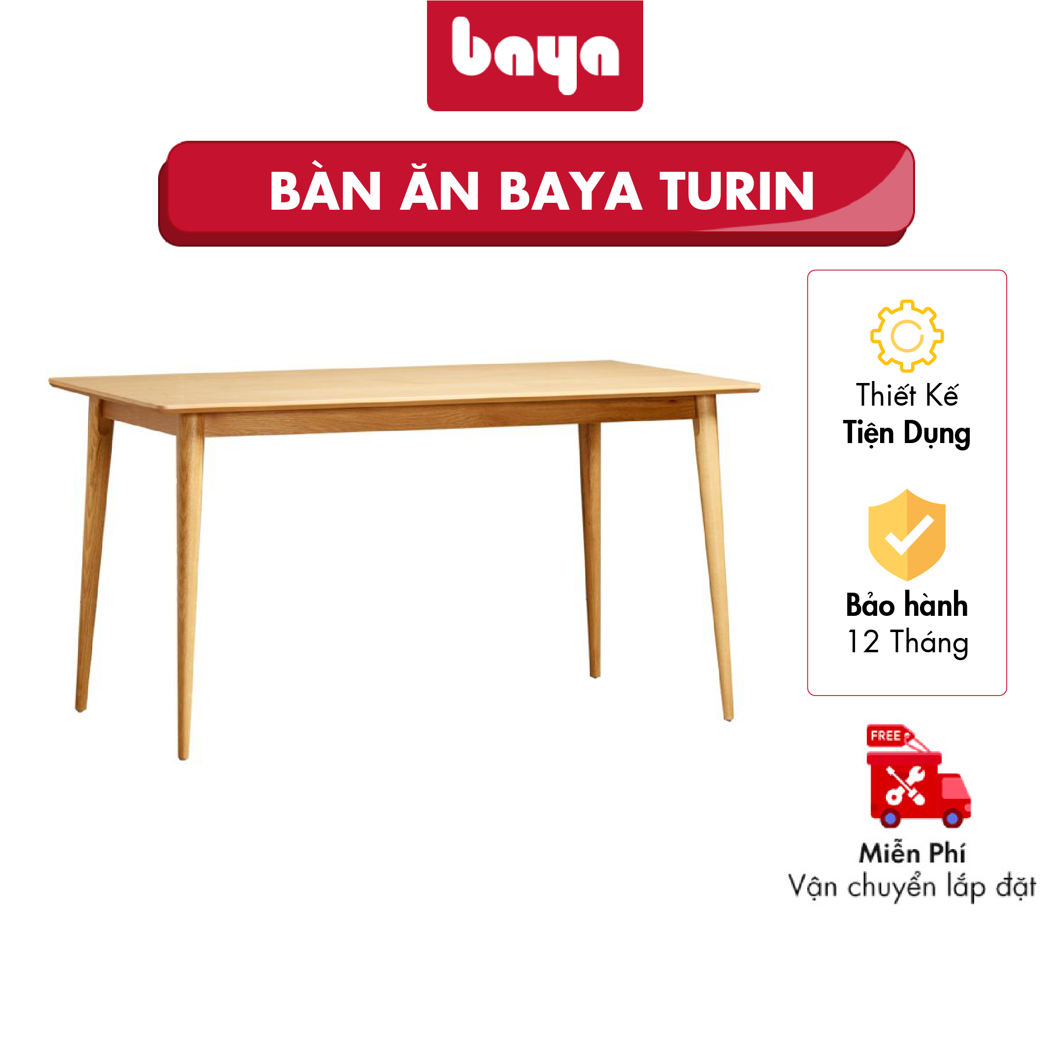 Bàn Ăn Hình Chữ Nhật BAYA TURIN Kiểu Dáng Hiện Đại Với Cạnh Bàn Được Bo Tròn, Chất Liệu Veneer Gỗ Tần Bì Tự Nhiên Thân Thiện Môi Trường, An Toàn Sức Khỏe 5301