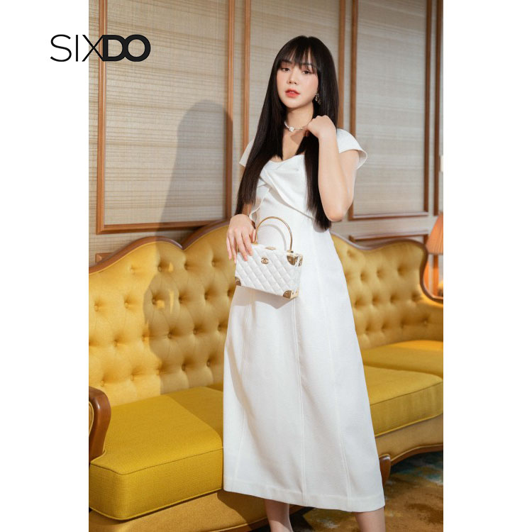Đầm trắng midi ngắn tay xoắn ngực thời trang SIXDO