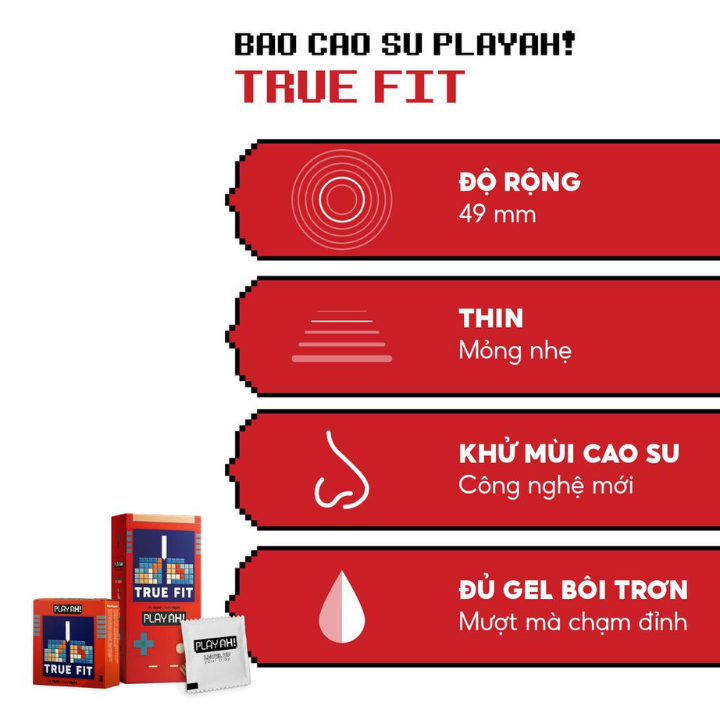 Hộp 10 cái bao cao su PlayAh True Fit Ôm Sát size 49mm size nhỏ chống tuột bao