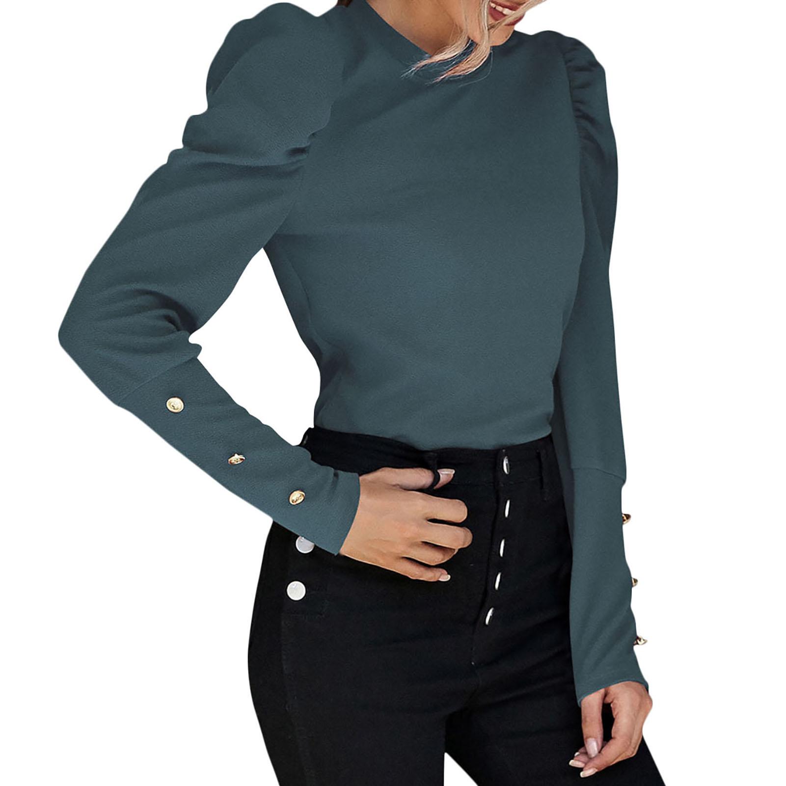 Women Puff Long Sleeve Shirt Button Round Neck Pullover Slim Fit Solid Tops