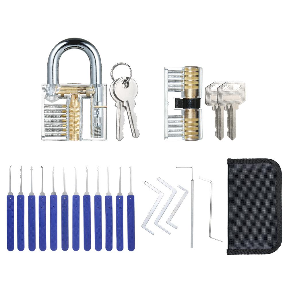 Bộ ổ khóa 17 món với 2 ổ khóa thực hành có thể nhìn thấy trong suốt training locksmith tools