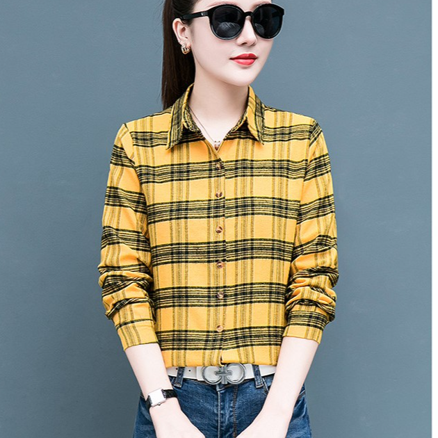 Áo sơ mi nữ Đũi Việt họa tiết caro phối màu Vàng DV22