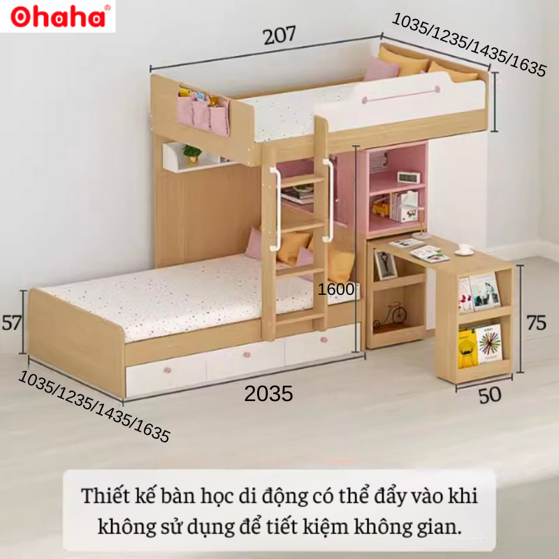 Giường tầng thông minh Ohaha kết hợp tủ áo và bàn học - GTTM016