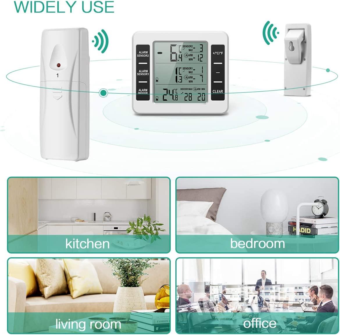 Nhiệt kế tủ lạnh, Nhiệt kế tủ lạnh không dây với 2 cảm biến, Báo động âm thanh tối thiểu / tối đa, Nhiệt kế trong nhà / ngoài trời cho nhà bếp Nhà hàng Quán cà phê