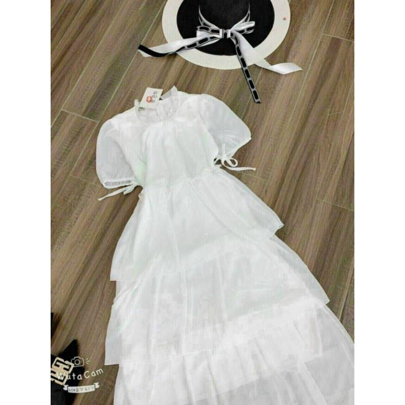 TCO-Đầm Váy Nữ Cổ Trụ Xếp Ly 3 Tầng Màu Trắng Tinh Khôi Thời Trang Dạo Phố